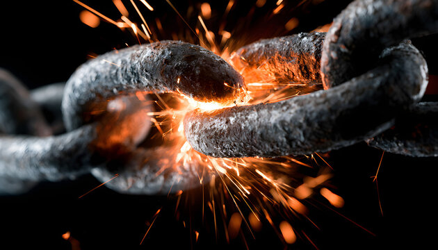 Close-up of a strong metal chain breaking under immense pressure, with sparks flying
