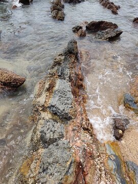 High angle top-down view looking into a narrow sandy crevice surrounded by barnacle-covered coastal rocks and clear incoming sea water.