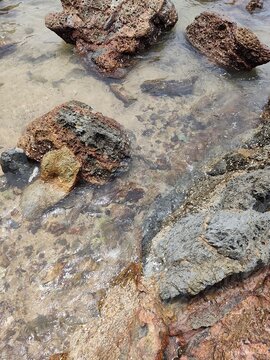 High angle top-down view looking into a narrow sandy crevice surrounded by barnacle-covered coastal rocks and clear incoming sea water.