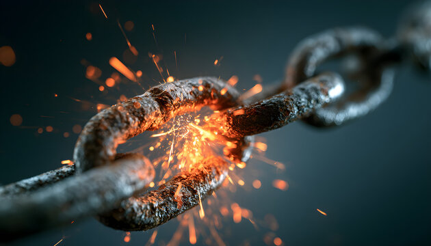 Close-up of a strong metal chain breaking under immense pressure, with sparks flying