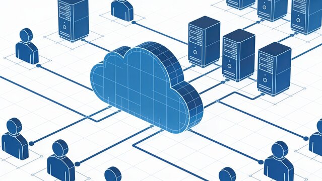 Cloud computing network diagram with connected servers and users. Blueprint style infrastructure model illustrating data storage, digital communication, and distributed technology architecture.