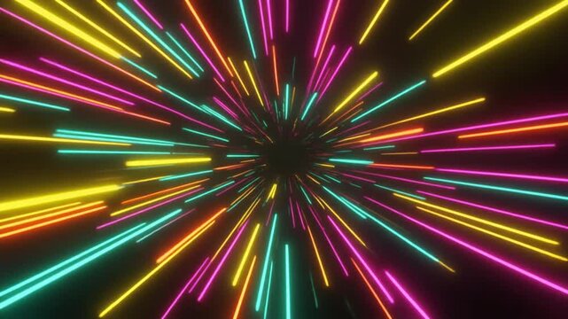 Futuristic energy burst with vibrant light trails rushing past camera, creating dynamic data flow, digital motion, technological advancement, and high-energy seamless abstract animation.