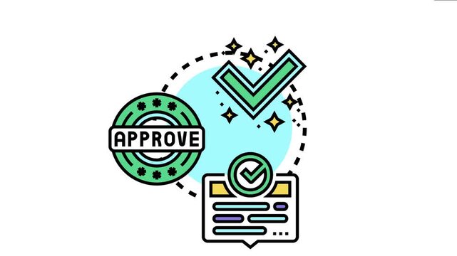 Official approval process symbol, displaying a green checkmark, document icon, and a round approve stamp for validation and quality confirmation