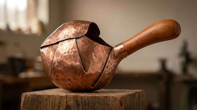 Handcrafted copper scoop on rustic wooden block.