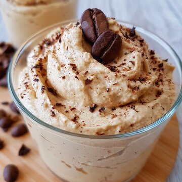 Coffee mousse dessert with coffee beans and chocolate shavings