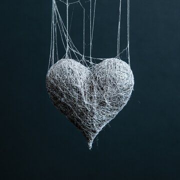 Spider web heart hanging, symbolizing entrapment and fragility