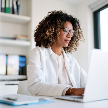 Female healthcare professional working on laptop in clinic