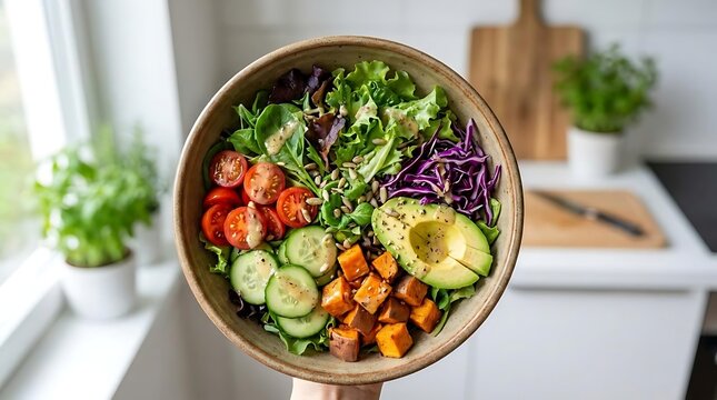 Hand holding healthy vegetable grain bowl with avocado.