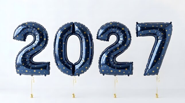 Shiny dark blue foil balloons are arranged to clearly display the year two thousand twenty seven against a light gray backdrop celebration concept