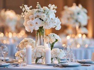Fototapeta premium Flowers and candles decorate a table at a wedding reception in a well-lit venue during the evening