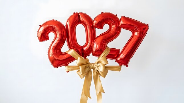 Shiny festive red foil balloons shaped to display the year two thousand twenty seven with a beautiful golden ribbon on a white backdrop