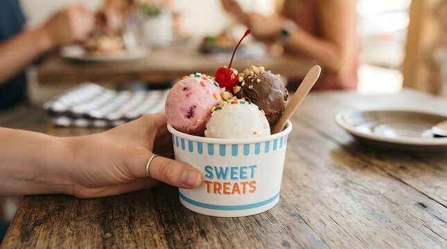 Scoops of Ice Cream in a Paper Cup. Delicious Frozen Dessert Serving, Sweet Summer Treat, Gelato, Creamy Cold Snack and Takeaway Ice Cream