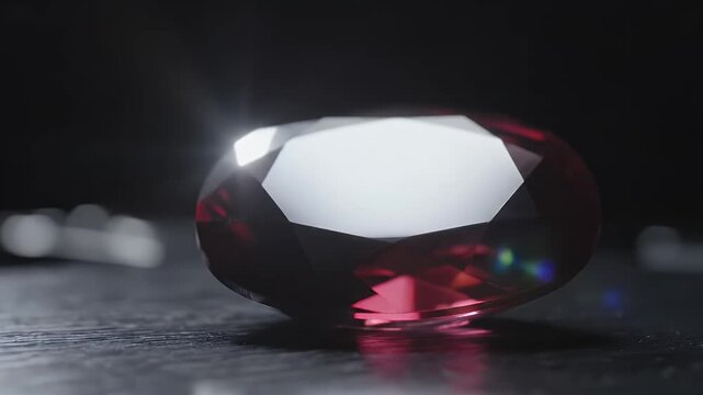 Luxury faceted gemstone, deep red color, sparkling with light on dark reflective surface, macro shot, concept of wealth and preciousness