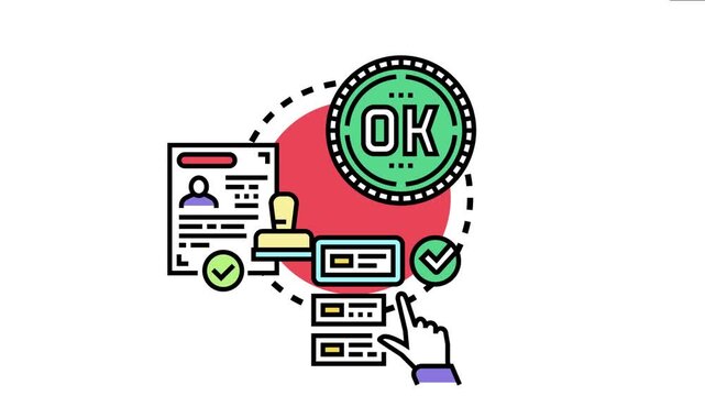 Workflow diagram the concept of successful project completion, showing a document, a stamping hand, and a confirmation button leading to an ok approval seal