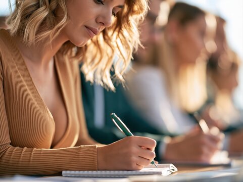 Students take notes in a classroom during a learning session in the late morning
