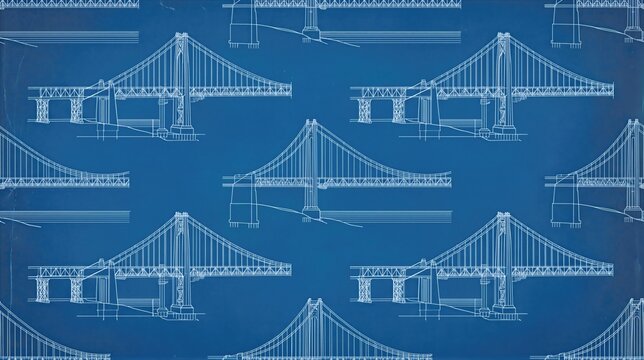 Repeating suspension bridge blueprint drawing pattern. Engineering design background with architectural line art for construction planning, infrastructure study, and technical presentation.