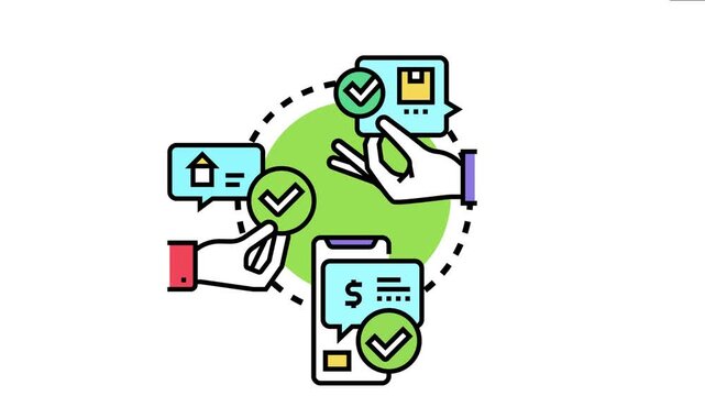 Hands interacting with digital documents and icons representing various completed processes and finalized agreements, including product orders, housing contracts, and financial transactions