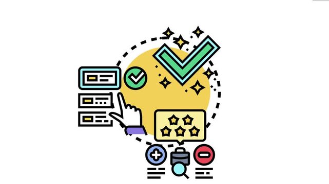 Icon depicting a user evaluating and approving code performance, indicating successful development, high quality, and optimal functionality through a structured review process