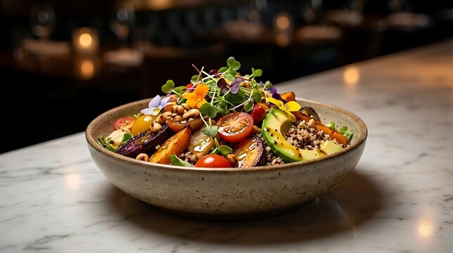 Healthy vegetable salad bowl on marble counter.