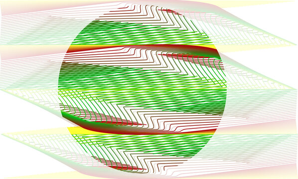Abstract geometric line art with green and red waves. Modern circular graphic pattern. Digital wireframe background for tech design.