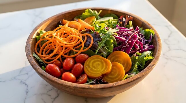Healthy vegetable salad bowl on white table.