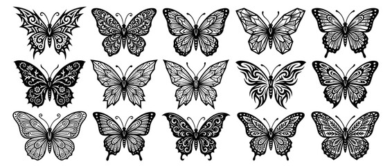 Collection of intricate black butterfly designs on transparent background © Varel
