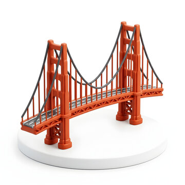 A 3D miniature Golden Gate Bridge with distinctive suspension towers, elegant cables, vibrant orange structure, and clean modern design, isolated beautifully on white.