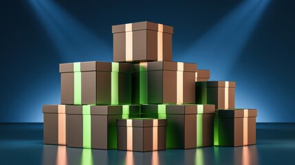 Fototapeta premium Dramatic pile of gift boxes with green and gold ribbons under spotlight on dark blue background
