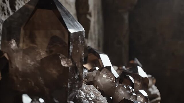 Macro view of natural smoky quartz crystal cluster with geometric facets and rough rock background in dim lighting