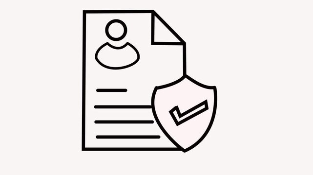 Personal identity data is secure animated icon. Shield protection and profile, people, person, human and member document with check mark animation video for authentication, safe, security .4k