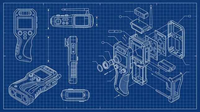 Electronic device blueprint with handheld camera, component assembly and technical measurements on blue grid background. Engineering design for product development and instruction.