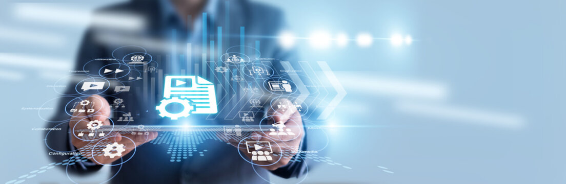 Digital editor hold tablet and schedules multimedia publication workflows via a Content Management system, organizing web asset libraries. Streamlined editorial processes boost online reach.