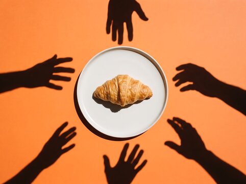 A single croissant on a white plate surrounded by the shadows of multiple hands reaching towards it on an orange background