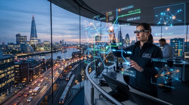 Female engineer using augmented reality interface in smart city control room overlooking metropolitan skyline