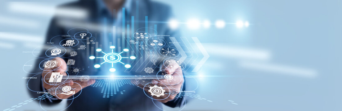 Crypto investor hold tablet and tracks blockchain ledgers for DeFi (Finance) investments, analyzing decentralized market liquidity and smart contract performance. Digital currency is growing.