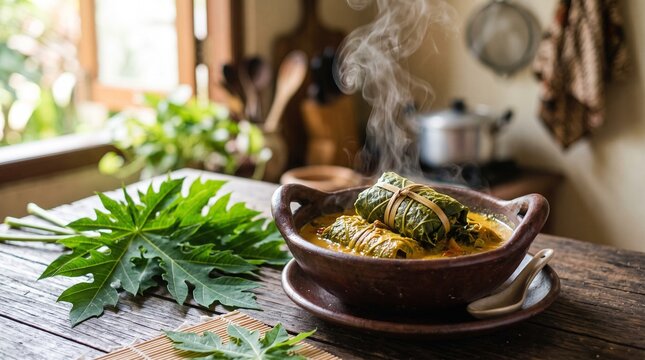 Papaya leave on table, indonesian food, buntil daun pepaya