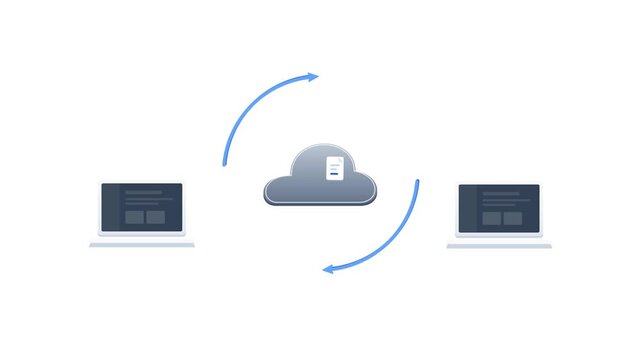Cloud data synchronization between two laptops animation