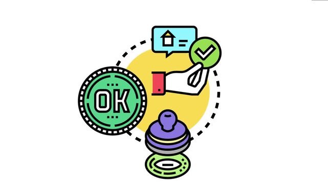 Approved statement concept design showing a hand holding a checkmark, an ok coin, and a stamp, symbolizing confirmation, agreement, and official endorsement