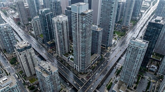 High-angle view of city grid with rainy streets.