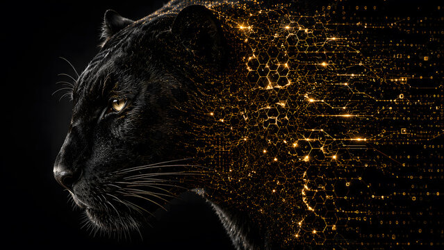 Black panther transforming into artificial intelligence particles with digital data visualization on a dark background