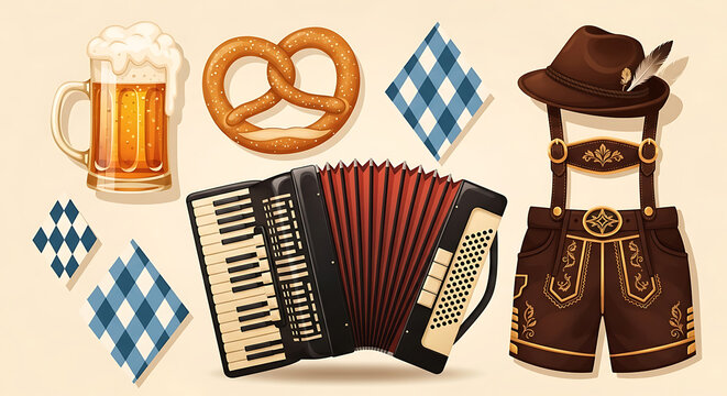 Set of traditional oktoberfest including frothy beer mug salted pretzel blue gingham pattern accordion and leather lederhosen shorts