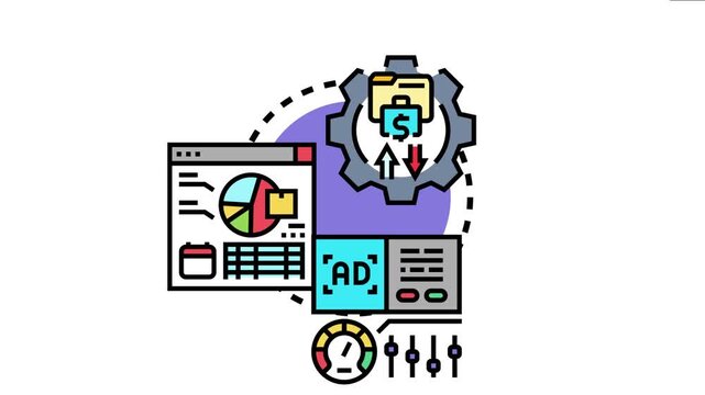 Digital marketing concept depicting approximate preview data, ad setup, performance analytics, and financial management tools for business strategy