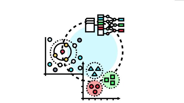 Machine learning algorithm processing abstract data points, visualizing cluster analysis and data transformation for approximate output