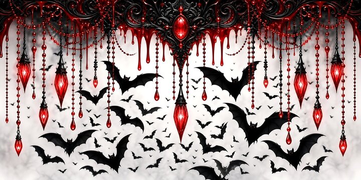 Gothic halloween background with black bats, red crystal chandeliers, and dripping bloodlike ornaments on a misty white background