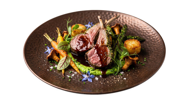 Gourmet roasted lamb chops with red wine sauce. Fine dining rack of lamb with baby carrots and pea puree. Elegant meat dish on textured plate. isolated PNG with Transparent Background
