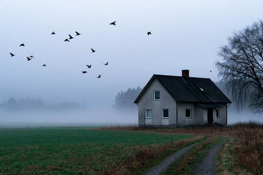 Birds fly over a house in the foggy morning
