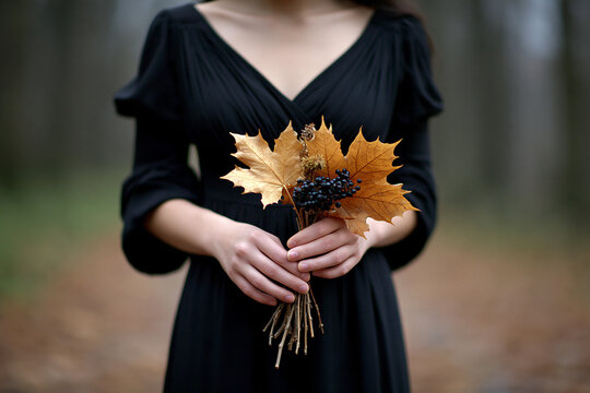 Woman holding leaves and plants in a forest