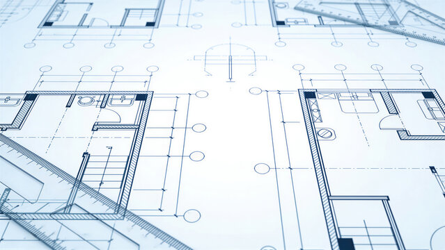Architectural floor plan with building layout, room dimensions, bathroom design, and drafting ruler for construction planning and interior design documentation