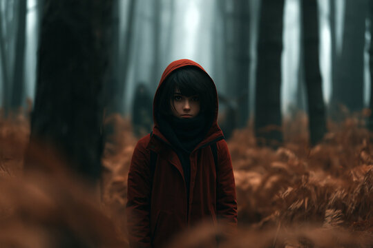 Child in red hood standing in forest with fog