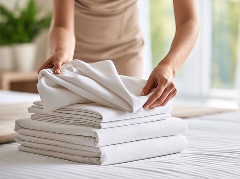 Person folds white linens on a bed in a bright room with green plants in the background